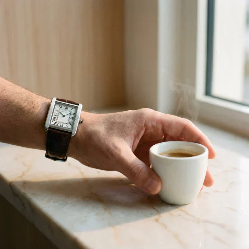 Relógio masculino de caixa quadrada prateada e pulseira preta no pulso de uma pessoa segurando uma xícara de café.