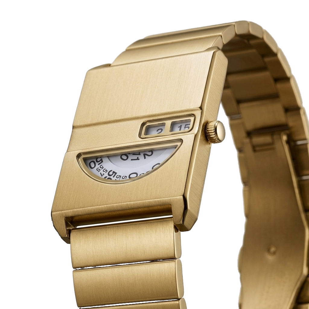Relógio Vistta 35mm dourado com pulseira maciça, ângulo baixo da caixa, fundo branco.