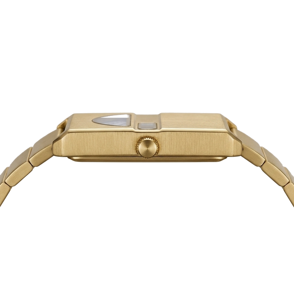 Relógio Vistta 35mm dourado com pulseira maciça, perfil lateral horizontal, fundo branco.