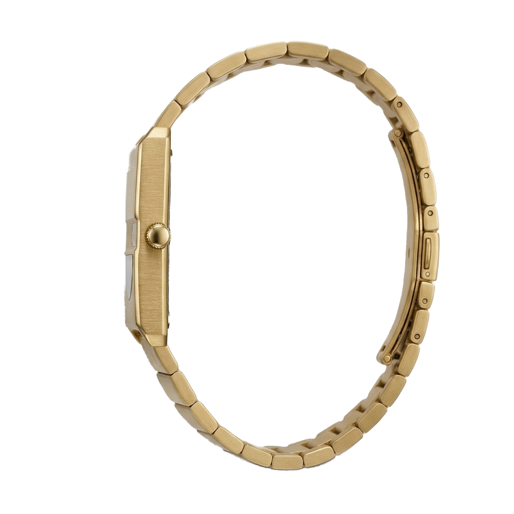 Relógio Vistta 35mm dourado com pulseira maciça, perfil com pulseira fechada, fundo branco.