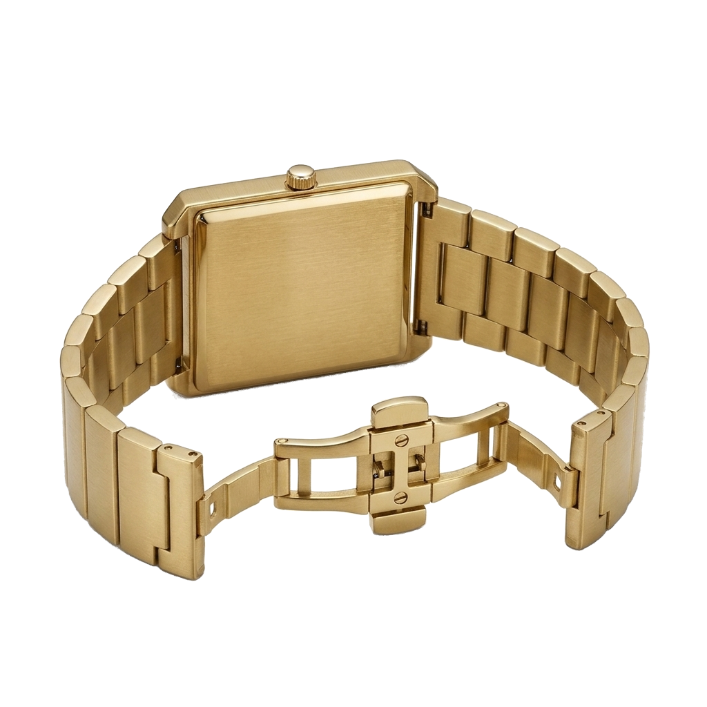 Relógio Vistta 35mm dourado com pulseira maciça, traseira e fecho borboleta, fundo branco.
