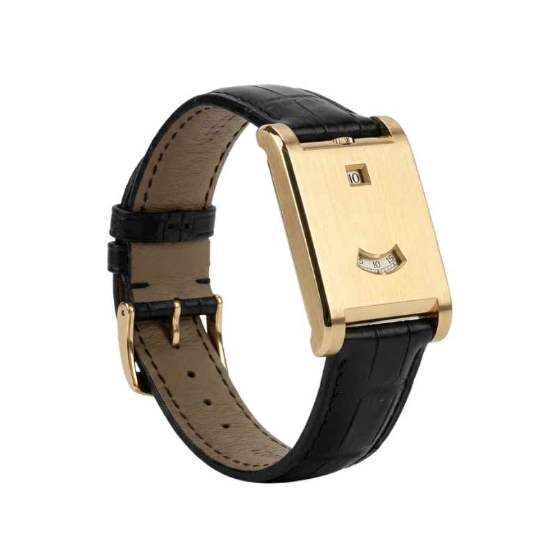 Relógio Fabbricantti retangular dourado de pulseira preta fechada em círculo, visto em três quartos.
