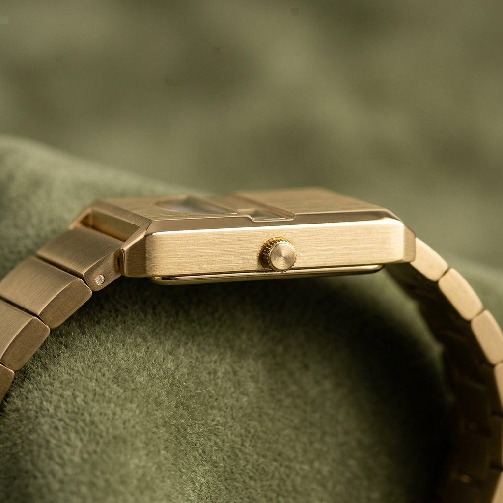 Perfil lateral do Relógio Vistta 35mm dourado, com detalhe da caixa e da coroa sobre tecido verde oliva.