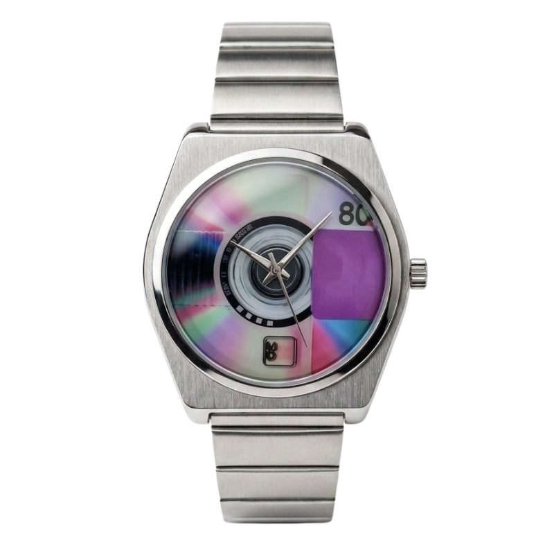 Relógio Disquetti Fabbricantti 40mm Violeta, com caixa e pulseira prateadas, vista frontal