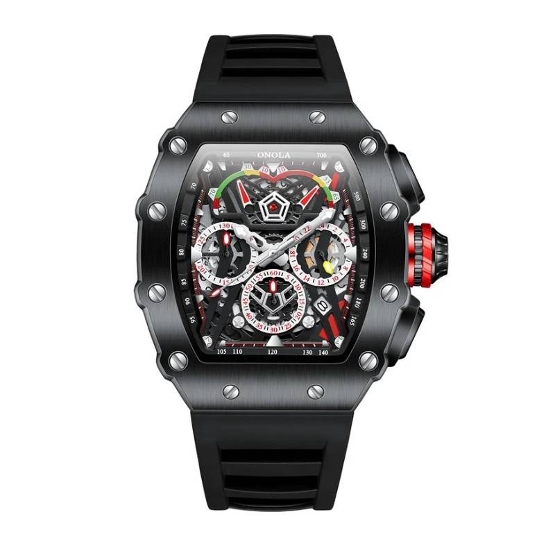 Relógio masculino Fabbricantti skeleton cronógrafo caixa tonneau all black parafusos aparentes mostrador esqueleto pulseira borracha preta coroa vermelha produto
