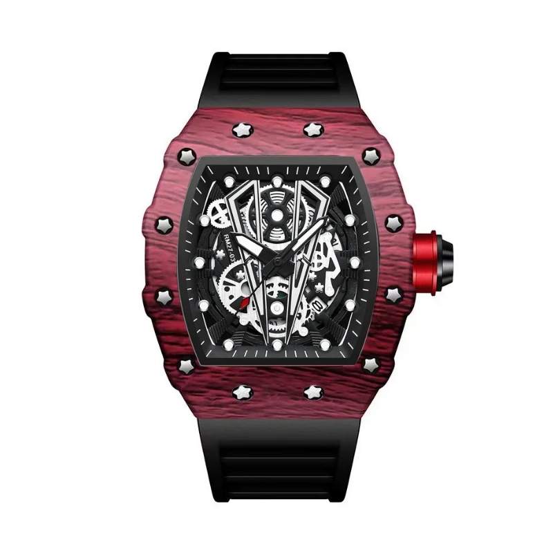 Fabricante relogio skeleton caixa barril fibra carbono vermelha parafusos estrela mostrador preto pulseira borracha preta coroa vermelha fundo branco produto masculino