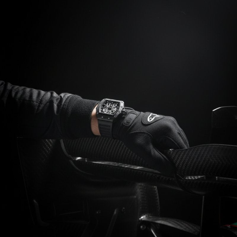 Fabricanti relogio skeleton caixa retangular no pulso luva motorsport alpinestars interior carro esporte lifestyle produto masculino