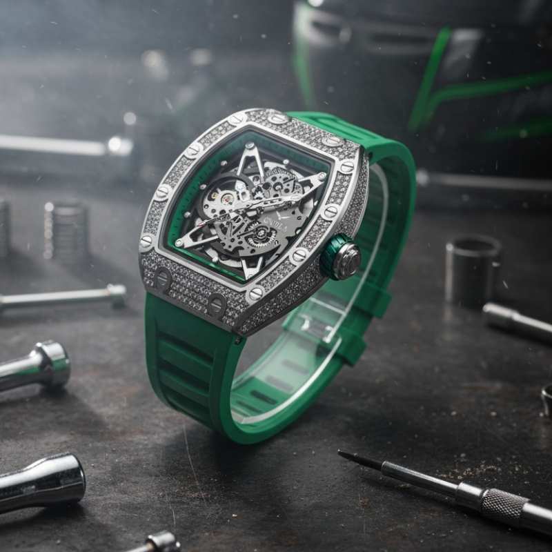 Fabricanti relogio skeleton cravejado diamantes pulseira borracha verde fundo industrial ferramentas metal produto luxo masculino