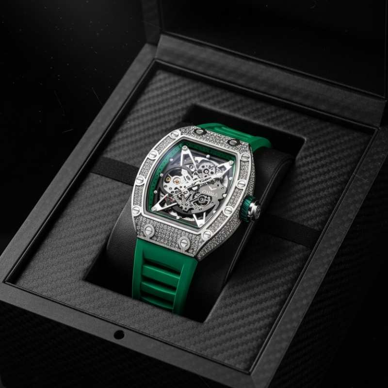 Fabbricantti relogio skeleton cravejado diamantes pulseira borracha verde caixa apresentacao carbono fundo escuro luxo tema