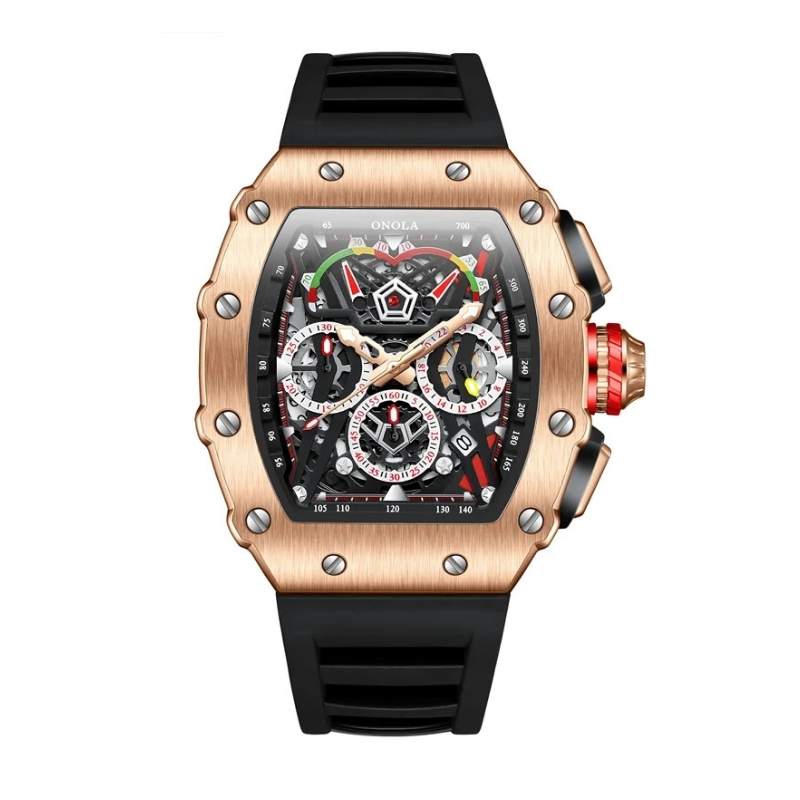 Relógio masculino Fabbricantti skeleton cronógrafo caixa tonneau rosé gold parafusos aparentes mostrador esqueleto pulseira borracha preta coroa vermelha produto