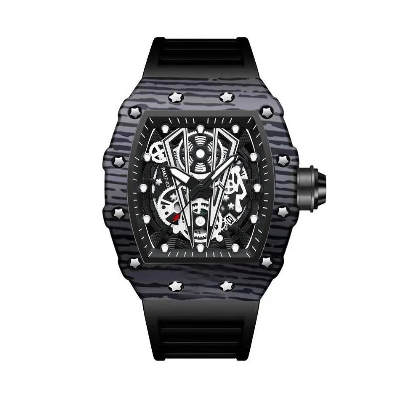 Fabbricantti relogio skeleton caixa barril fibra carbono cinza preta parafusos estrela mostrador preto pulseira borracha preta fundo branco produto masculino