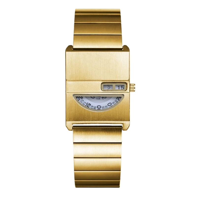 Relógio Vistta dourado com pulseira metálica maciça, vista frontal.