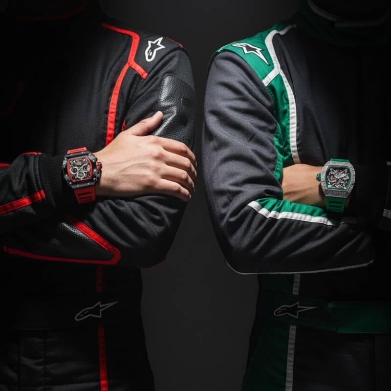 Dois homens com roupas esportivas pretas usando relógios Grand Fórmula Fabbricantti com pulseiras vermelha e verde.