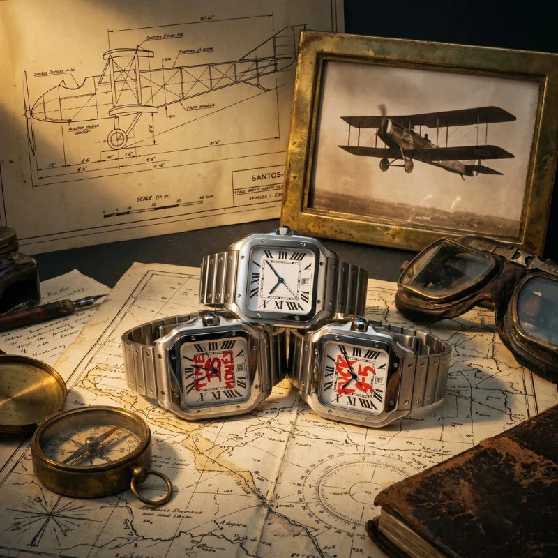 Três relógios Santtos Fabbricantti sobre mapas e desenhos de avião, com fotografia de um biplano e uma bússola.