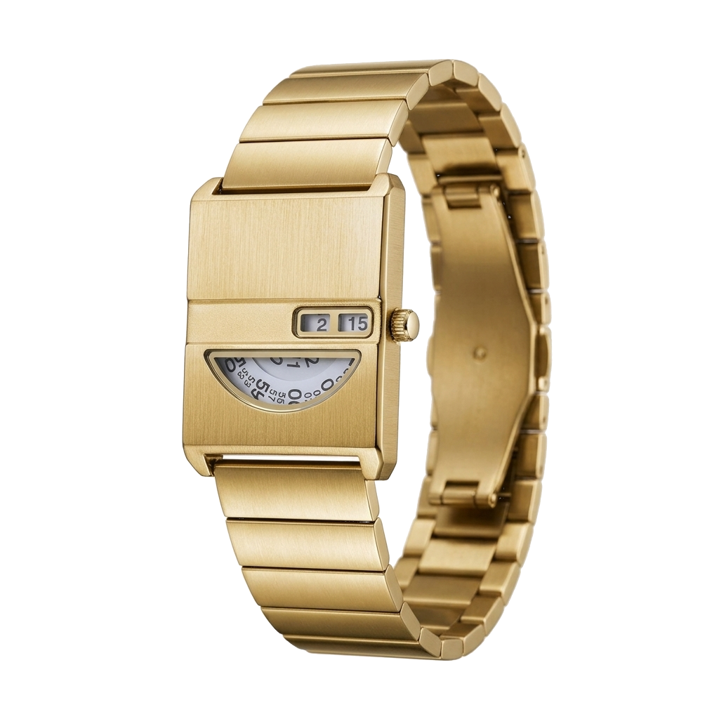 Relógio Vistta 35mm dourado com pulseira maciça, vista em três quartos, fundo branco.