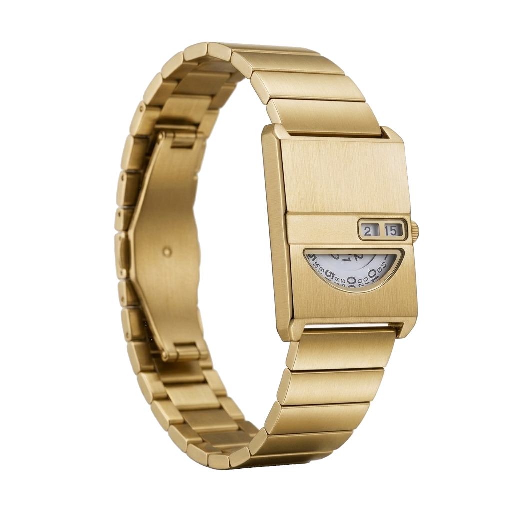 Relógio Vistta 35mm dourado com pulseira maciça, pulseira fechada, fundo branco.