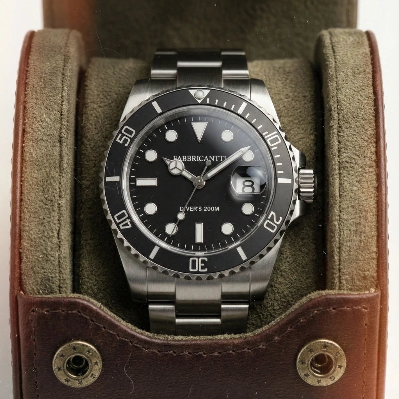 Fabricantti relógio mergulhador 200M close-up mostrador preto luneta cerâmica marcadores data bracelete oyster porta-relógios couro marrom