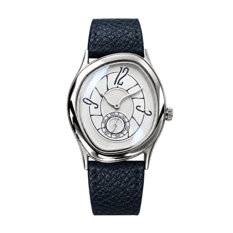 Relógio Semblantti 37 mm prata, com mostrador claro e pulseira de couro azul-marinho escura, visto de frente sobre fundo branco.