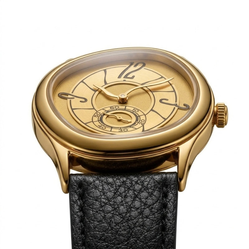 Detalhe do Semblantti dourado visto em ângulo baixo, com mostrador inclinado, coroa lateral e pulseira preta sobre fundo branco.