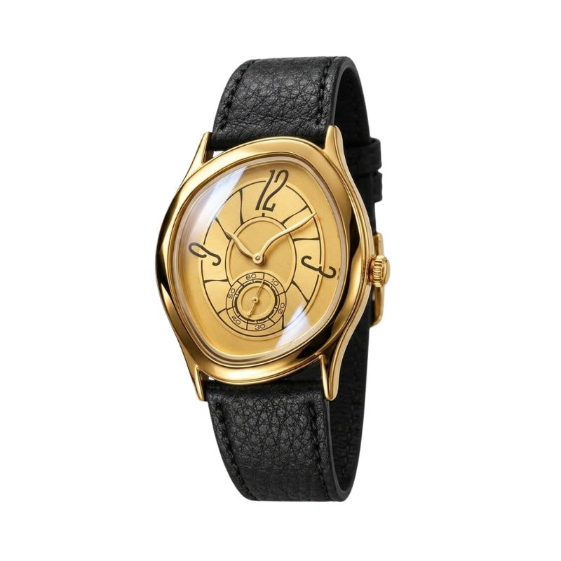 Semblantti dourado com pulseira preta fechada, visto em três quartos com o mostrador voltado para a câmera, sobre fundo branco.