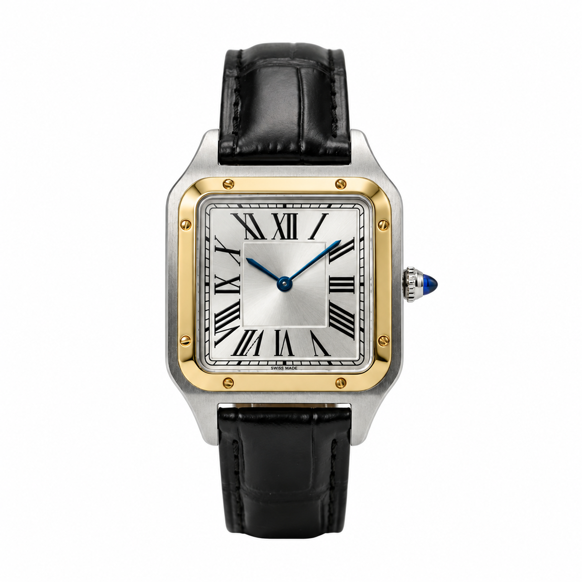 Relógio Quadratto 33 mm com caixa prateada, aro dourado, numerais romanos e pulseira de couro preta, sobre fundo branco.