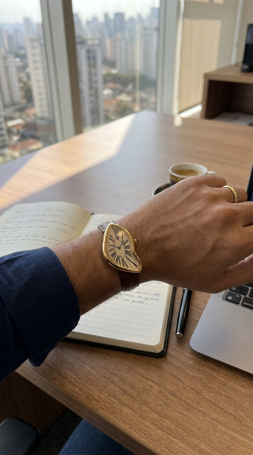Relógio dourado no pulso de uma pessoa à mesa de trabalho, com computador, caderno e cidade ao fundo.