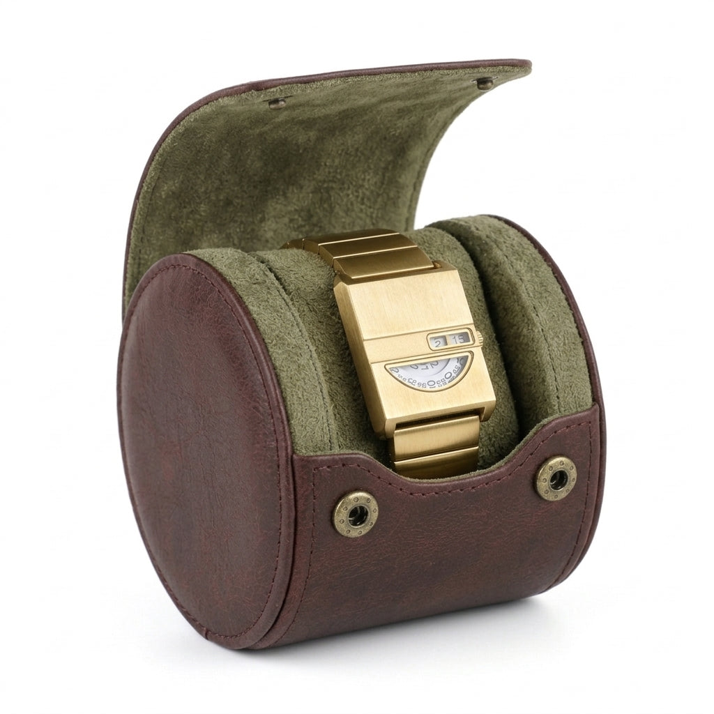 Relógio Vistta 35mm dourado em três quartos, no porta-relógio bordô com interior verde oliva.