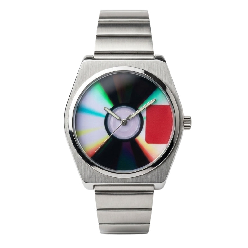 Relógio Disquetti Fabbricantti 40mm Disco, com caixa e pulseira prateadas, vista frontal
