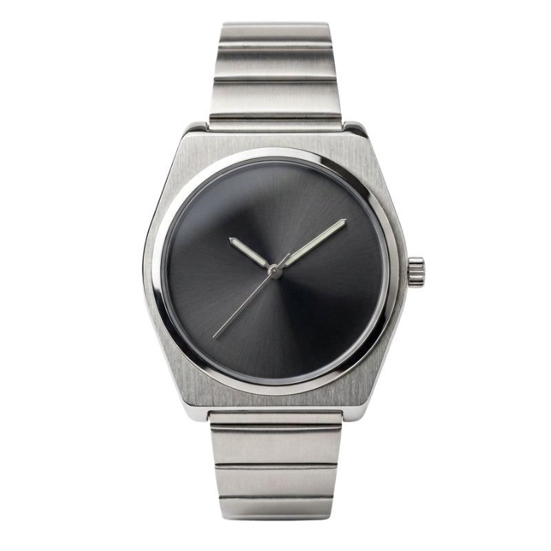 Relógio Disquetti Fabbricantti 40mm Preto, com caixa e pulseira prateadas, vista frontal