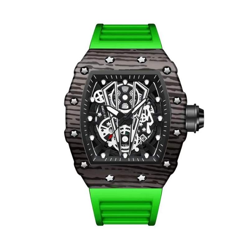 Fabricantti relogio skeleton caixa barril fibra carbono parafusos estrela mostrador preto pulseira borracha verde fundo branco produto masculino
