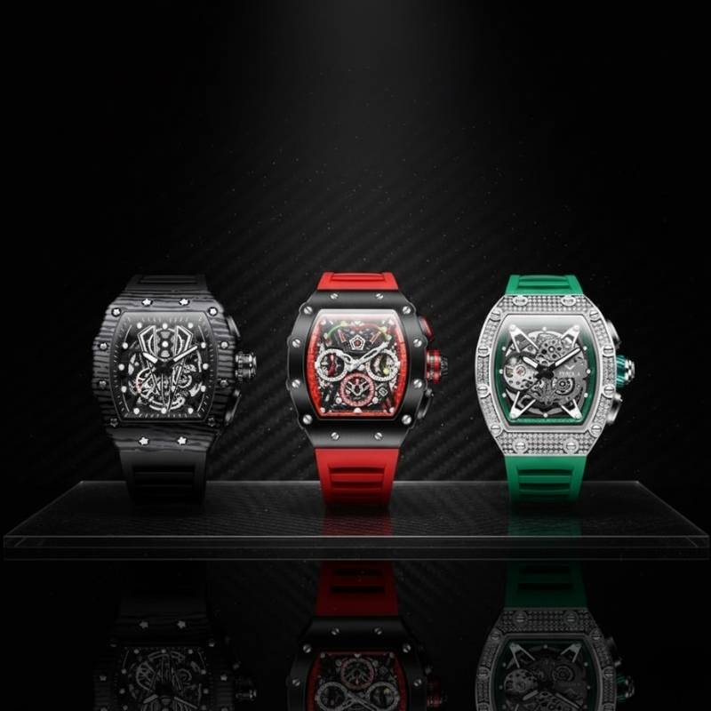 Fabbricanti relogio skeleton tres modelos colecao preto vermelho verde pulseira borracha caixa carbono fundo escuro reflexo tema banner