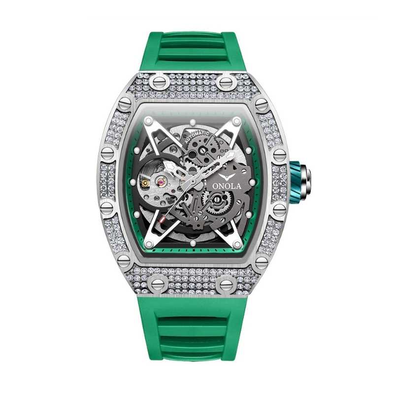 Fabricantti relogio skeleton cravejado diamantes caixa barril pulseira borracha verde fundo branco produto masculino luxo