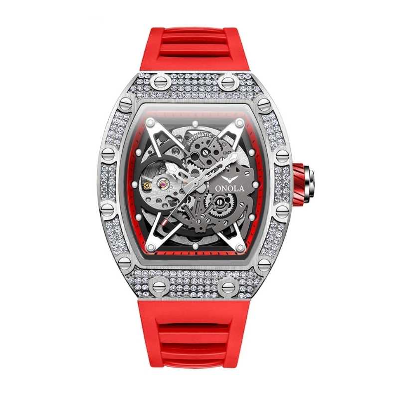 Fabricanti relogio skeleton cravejado diamantes caixa barril pulseira borracha vermelha fundo branco produto masculino luxo