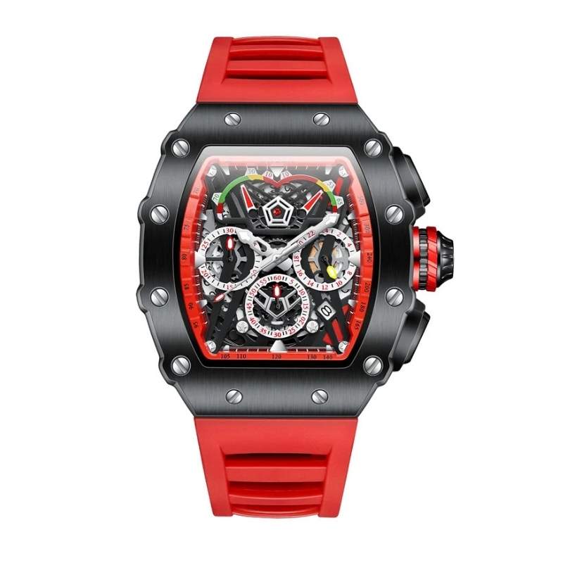 Relógio masculino Fabbricantti skeleton cronógrafo caixa tonneau preta detalhes vermelhos parafusos aparentes mostrador esqueleto pulseira borracha vermelha produto
