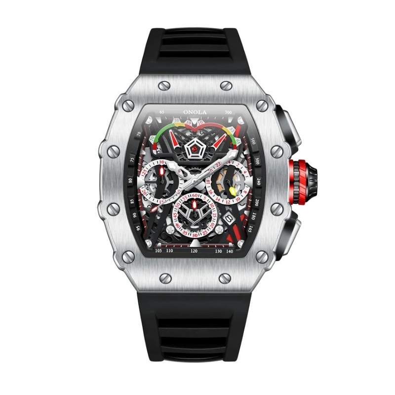 Fabricante relogio barril skeleton prata pulseira borracha preta mostrador multicolorido parafusos coroa lateral masculino estilo old money loja Fabbricantti