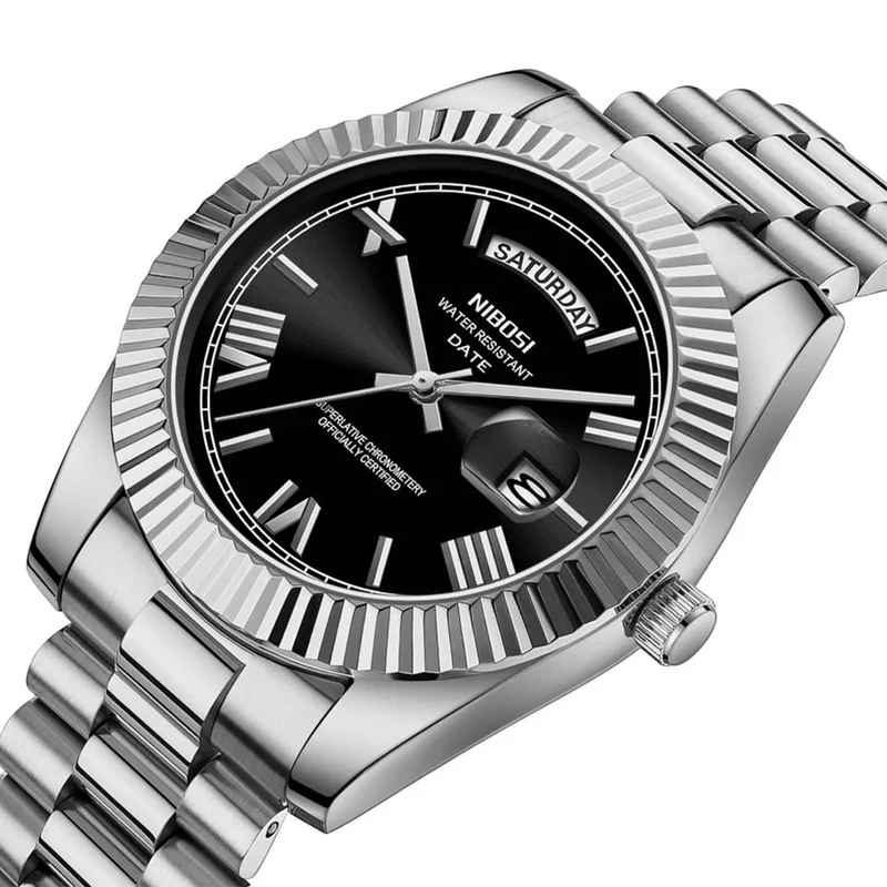 relogio masculino day-date mostrador preto numerais romanos bracelete presidente prata estilo classico old money Fabbricanti loja relogios