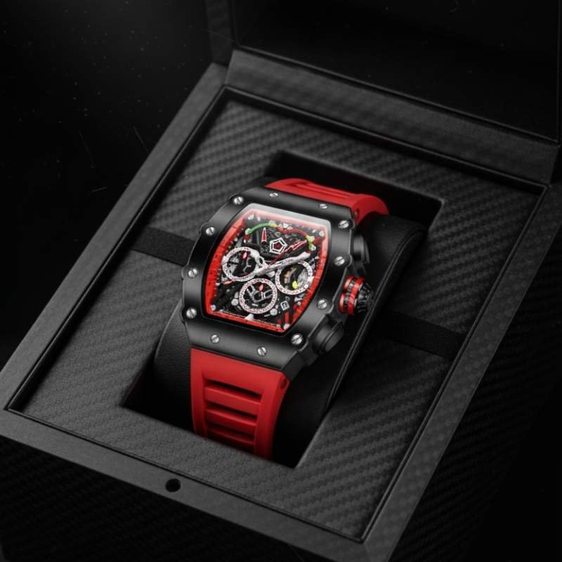 Fabbricanti relogio cronografo caixa retangular preta pulseira borracha vermelha subdials esportivo dentro estojo apresentacao carbono fundo escuro produto masculino