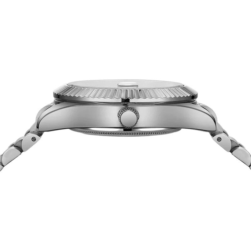 relogio masculino vista lateral perfil bezel canelado bracelete presidente prata classico old money Fabbricantti loja relogios luxo