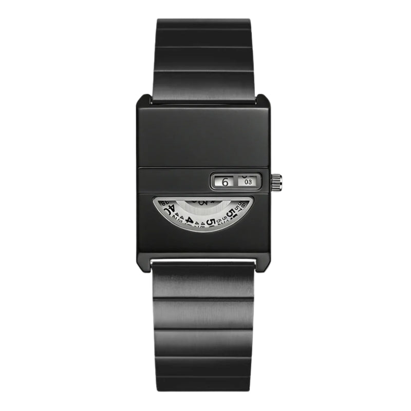 Relógio Vistta preto com pulseira metálica maciça, vista frontal.